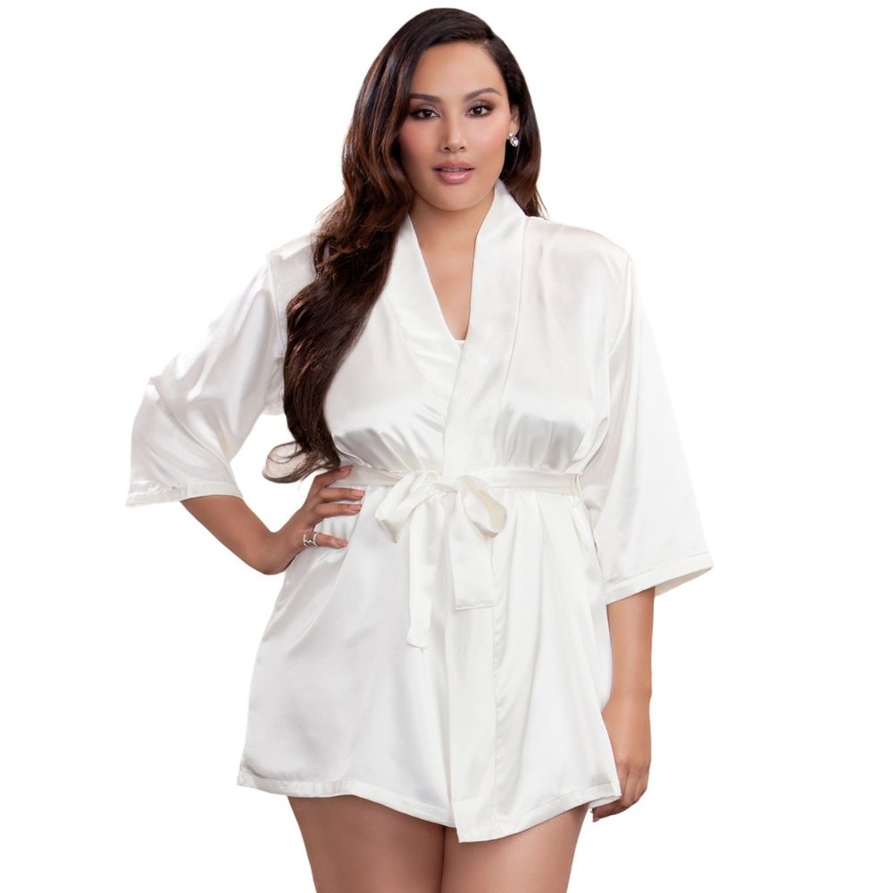 Short Satin Robe with 3/4 Sleeves Ivory Plus Size